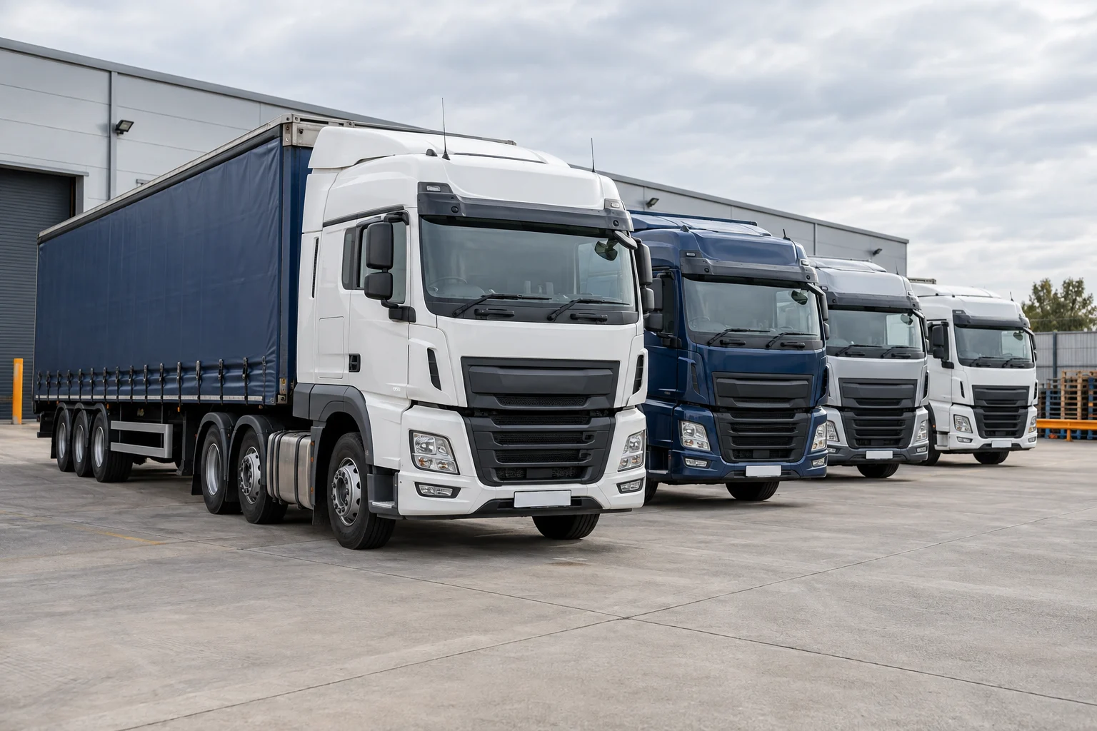 Illustrative image of unbranded commercial trucks parked in a fleet yard
