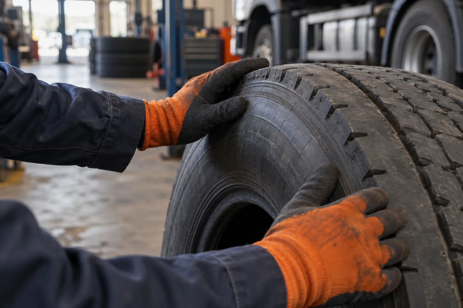 Illustrative close-up of a tyre inspection